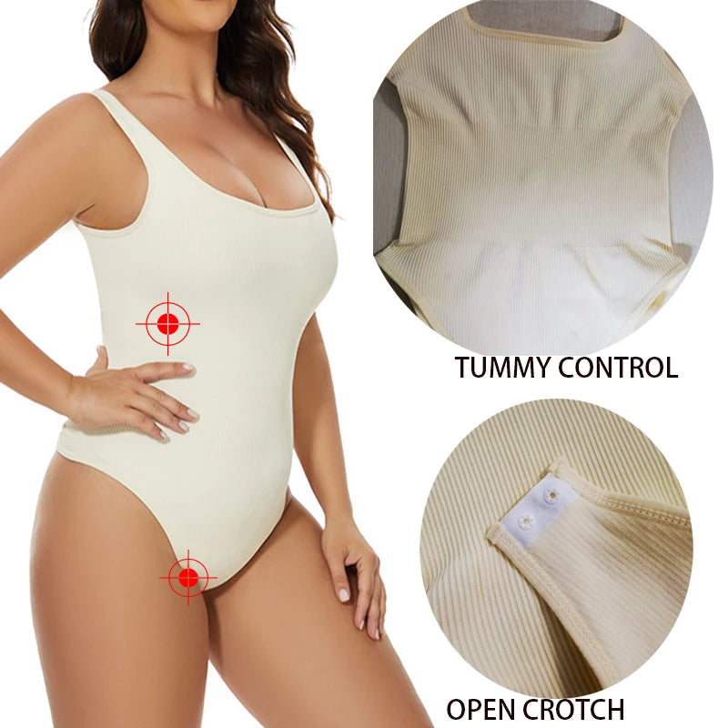 GUUDIA Ribbed Tummy Control Jumpsuit – Daily Shaper Bodysuit with Open Crotch