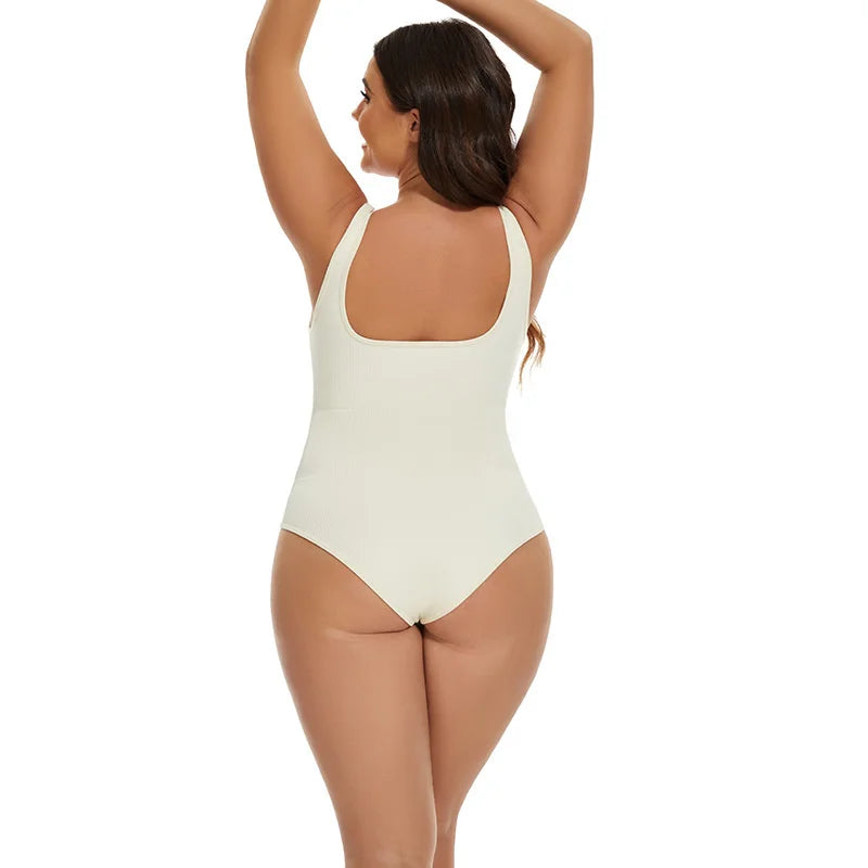 GUUDIA Ribbed Tummy Control Jumpsuit – Daily Shaper Bodysuit with Open Crotch