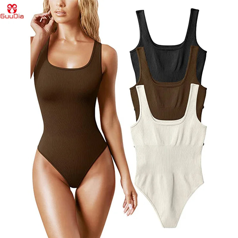 GUUDIA Ribbed Tummy Control Jumpsuit – Daily Shaper Bodysuit with Open Crotch