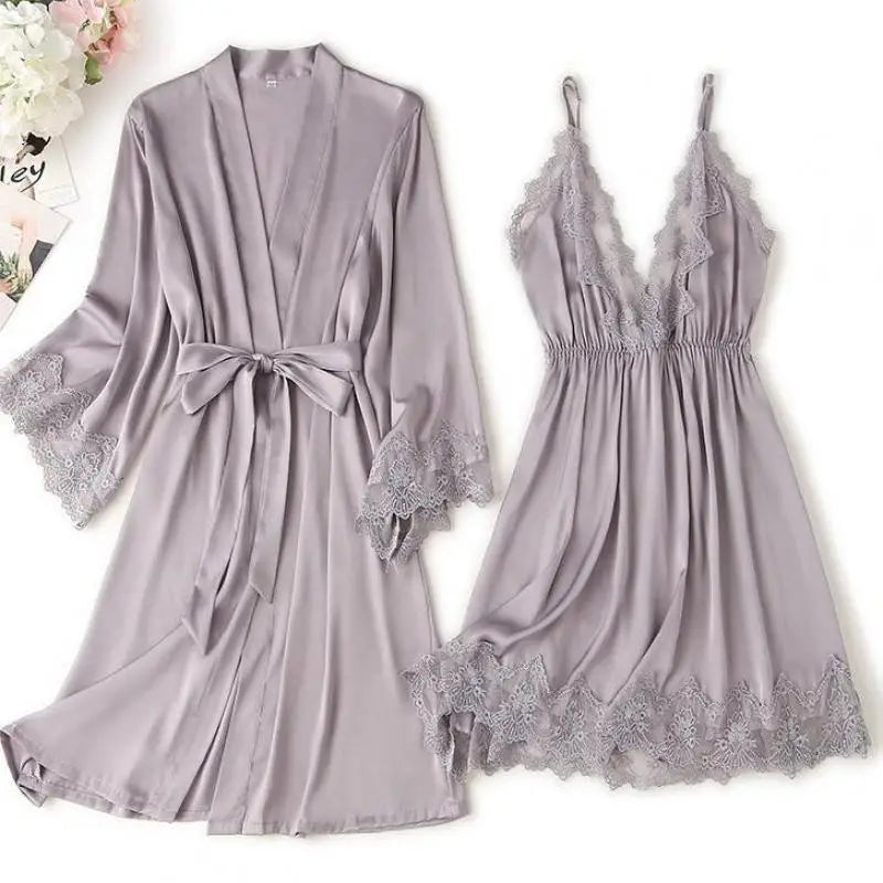 Lace Trim Satin Bridal Robe – Elegant Kimono for Brides and Bridesmaids