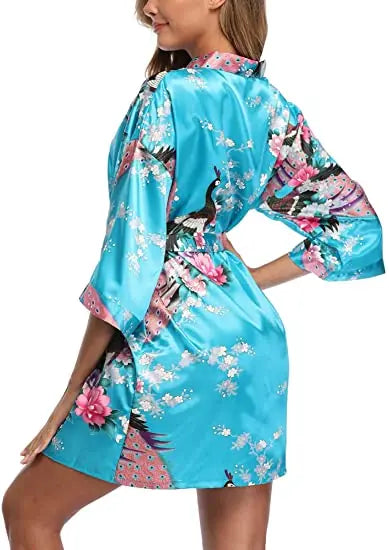 Satin Silk Bridesmaid Robe – Elegant Crane Print Kimono
