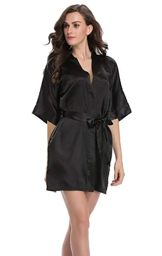 Plain Satin Kimono Bathrobe – Elegant Short Robe for Weddings and Loungewear