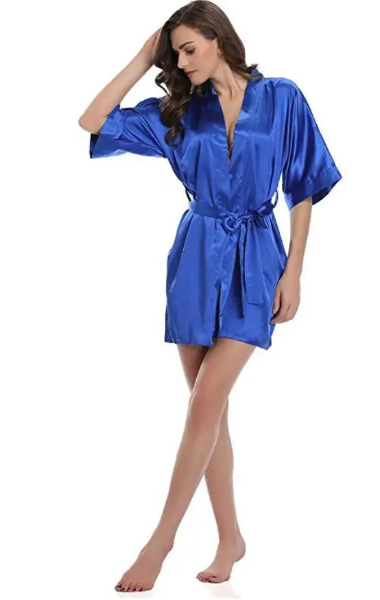 Plain Satin Kimono Bathrobe – Elegant Short Robe for Weddings and Loungewear