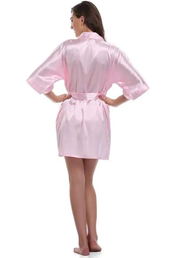 Plain Satin Kimono Bathrobe – Elegant Short Robe for Weddings and Loungewear