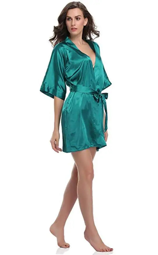Plain Satin Kimono Bathrobe – Elegant Short Robe for Weddings and Loungewear