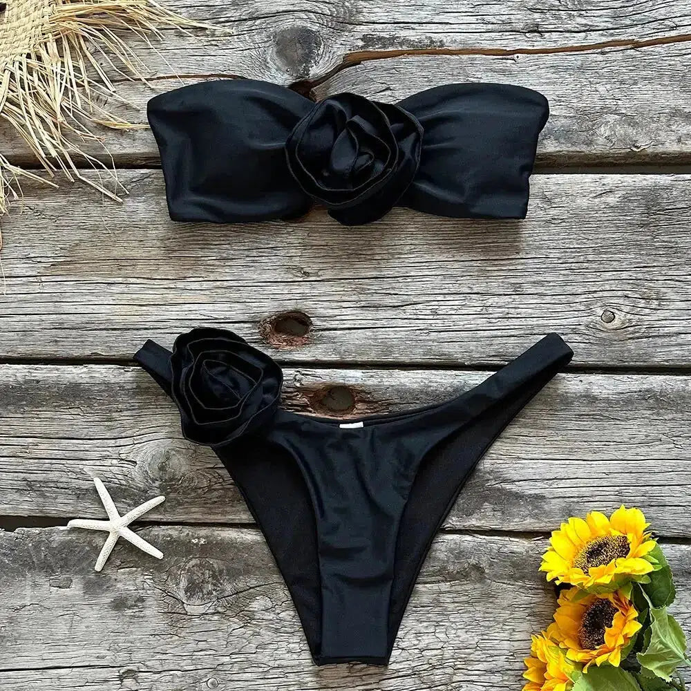 High Waist Solid Bandage Bikini Set