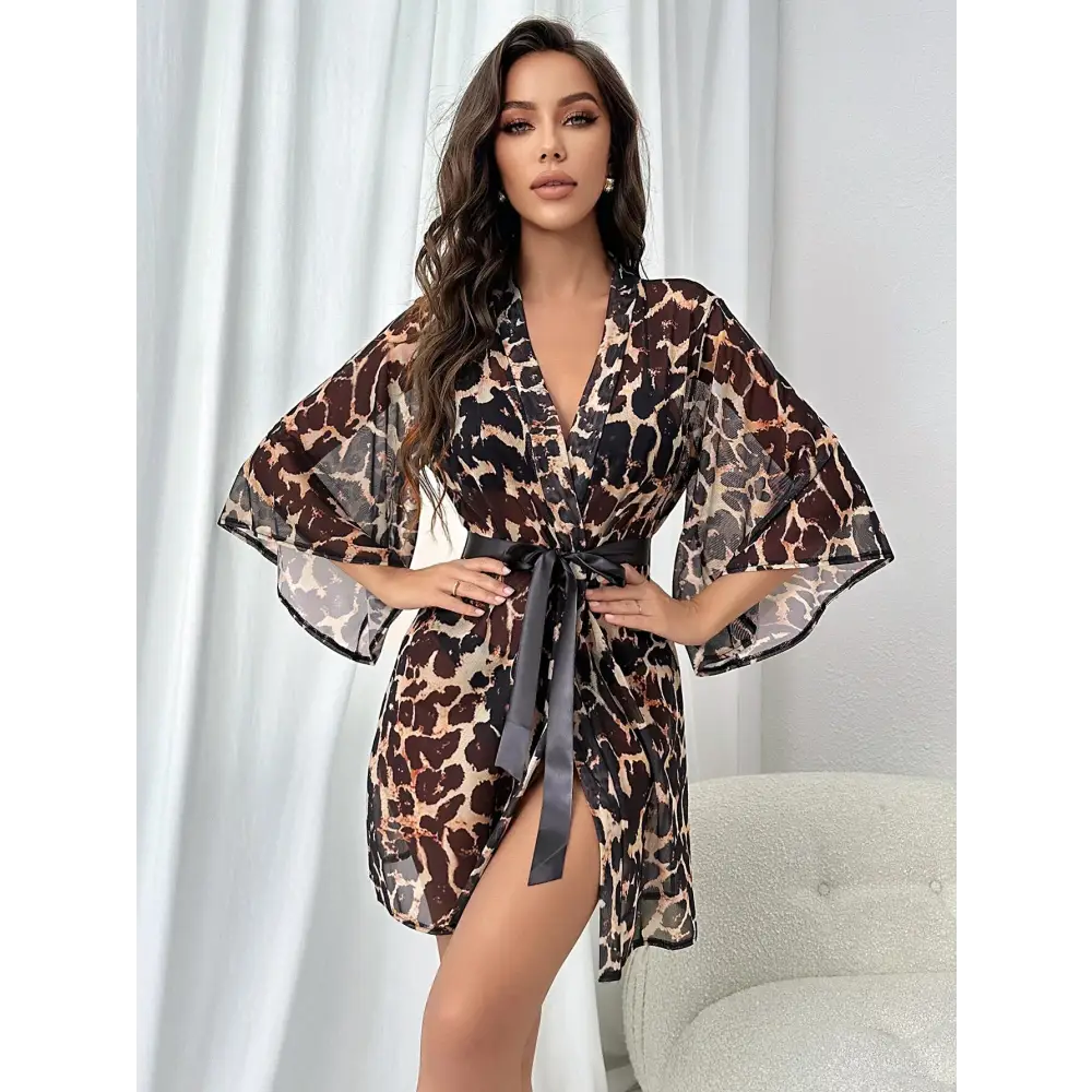 Leopard Kimono Belt Bath Robe Bridesmaid Wedding Party Long Sleeve Lingerie Sexy Nightwear Nesh Women's Sleepwear