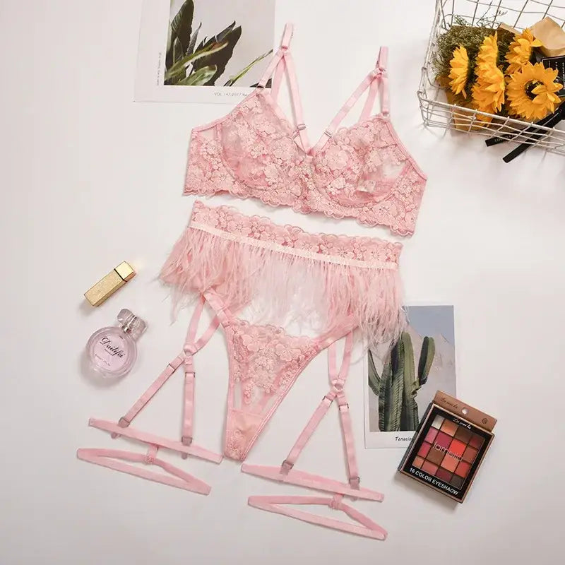 New women's lace and feather stitching sexy garter underwear set mesh flower embroidery gather bra set thong sexy lingerie set