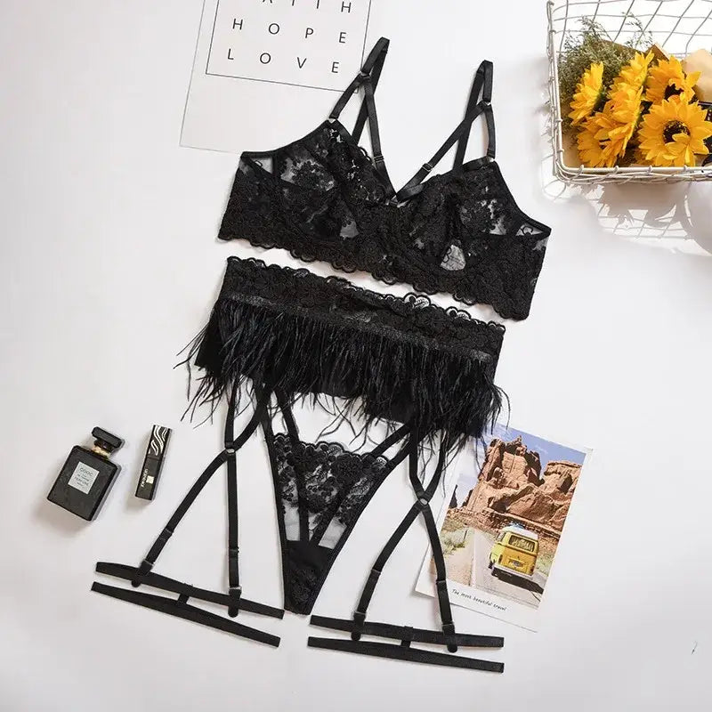 New women's lace and feather stitching sexy garter underwear set mesh flower embroidery gather bra set thong sexy lingerie set