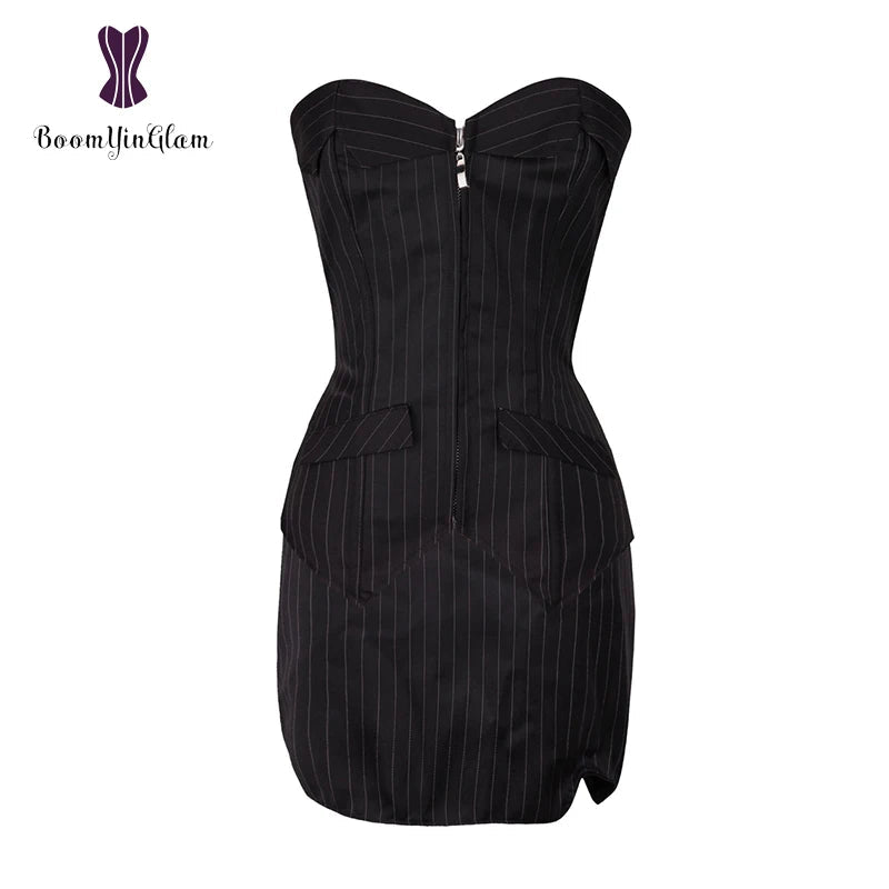 Office Style Women Basques Bustier Stripes Overbust Corsets Top With Skirt Lace Up Boned Corset Dress Plus Size 801