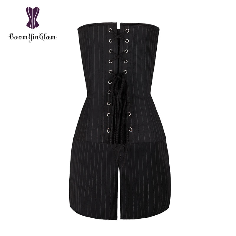 Office Style Women Basques Bustier Stripes Overbust Corsets Top With Skirt Lace Up Boned Corset Dress Plus Size 801