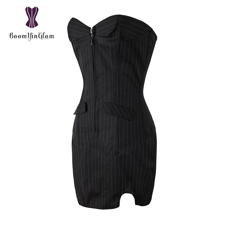 Office Style Women Basques Bustier Stripes Overbust Corsets Top With Skirt Lace Up Boned Corset Dress Plus Size 801