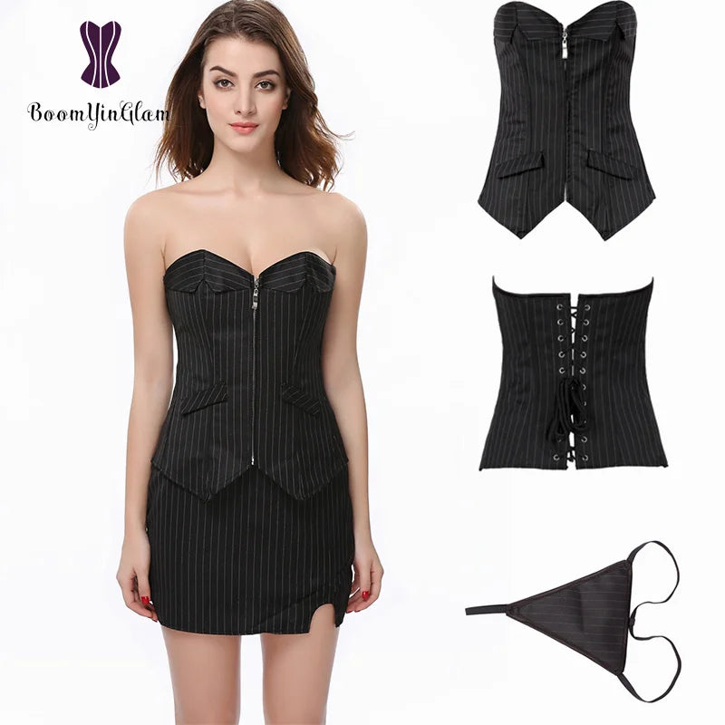 Office Style Women Basques Bustier Stripes Overbust Corsets Top With Skirt Lace Up Boned Corset Dress Plus Size 801