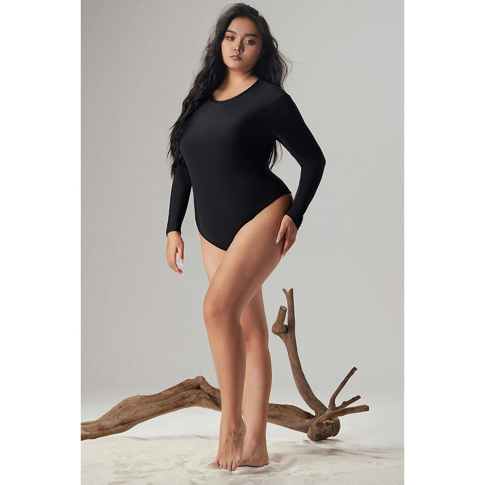 Plus Size Black Round Neck Long Sleeve Knitted Bodysuit