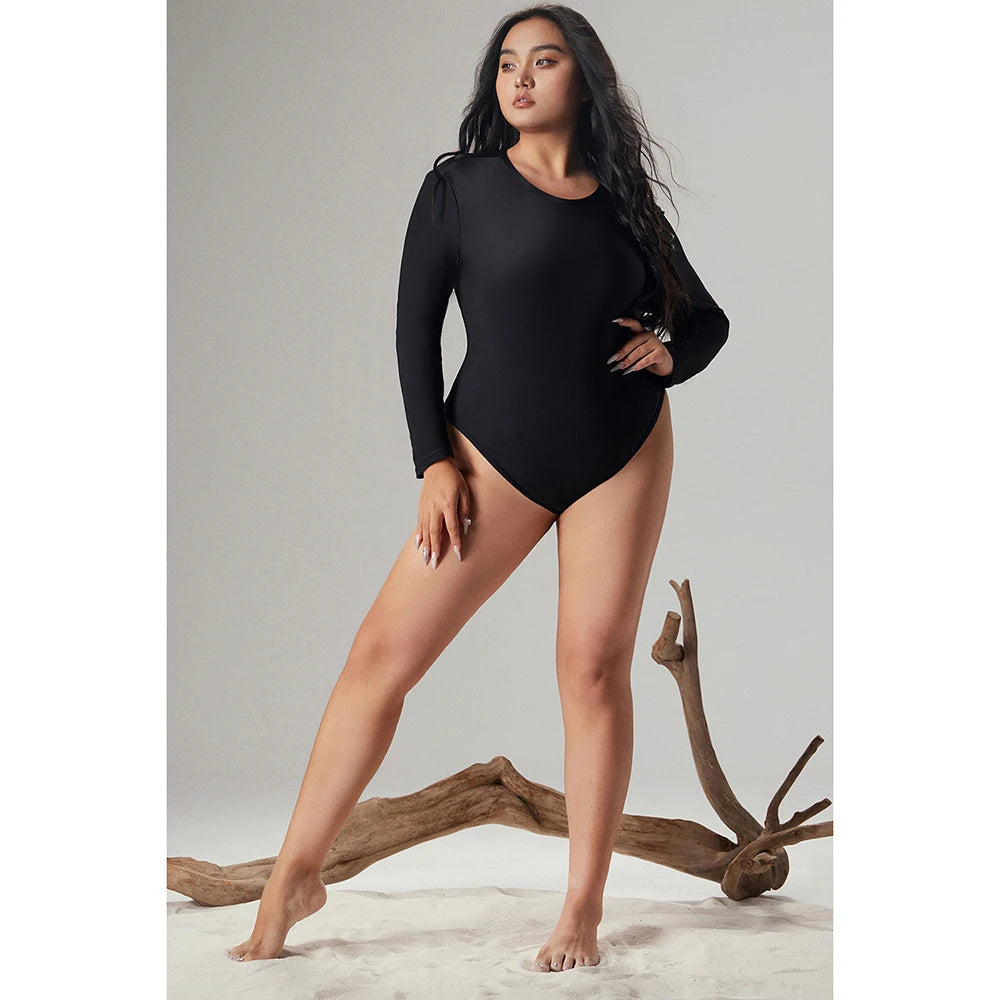Plus Size Black Round Neck Long Sleeve Knitted Bodysuit