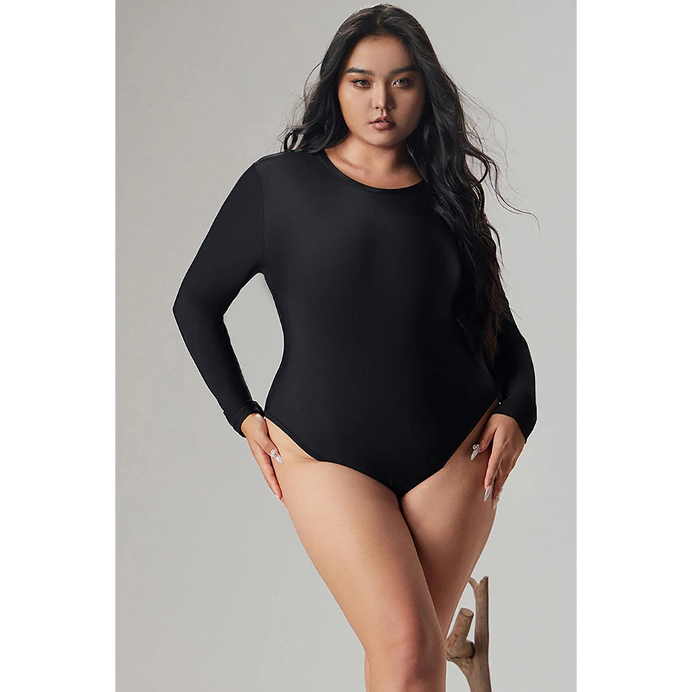 Plus Size Black Round Neck Long Sleeve Knitted Bodysuit