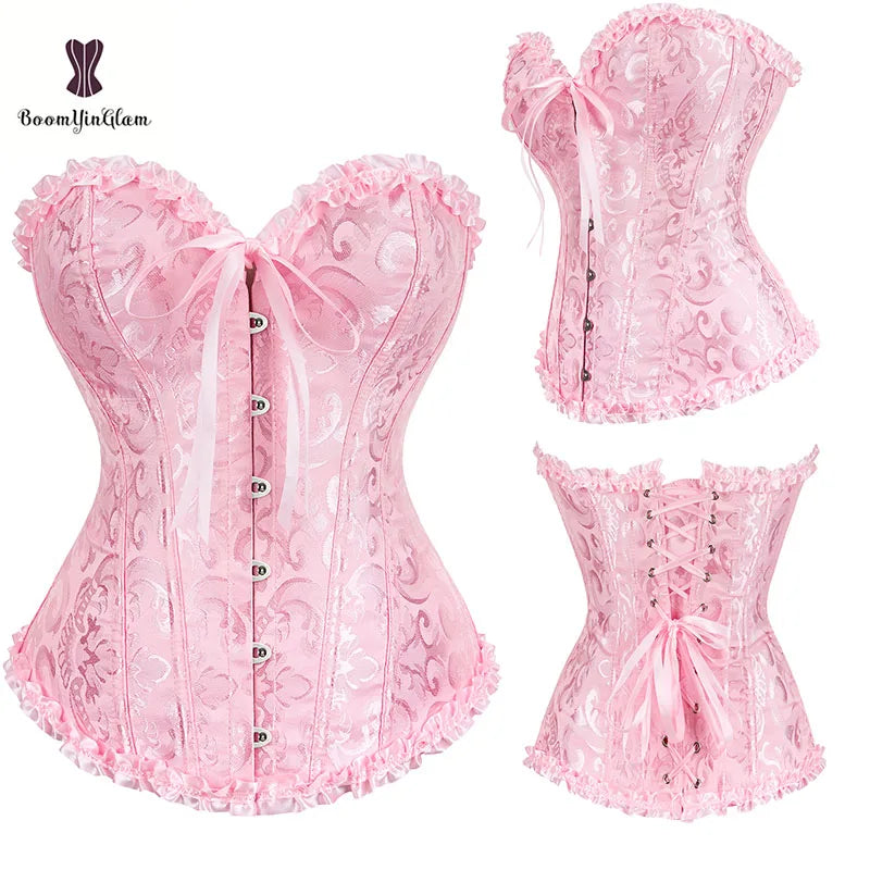 Plus Size Body Shapewear Costumes Women lingerie Sexy Pleated Trim Corset Lace Up Corsets And Bustiers With G String 810#