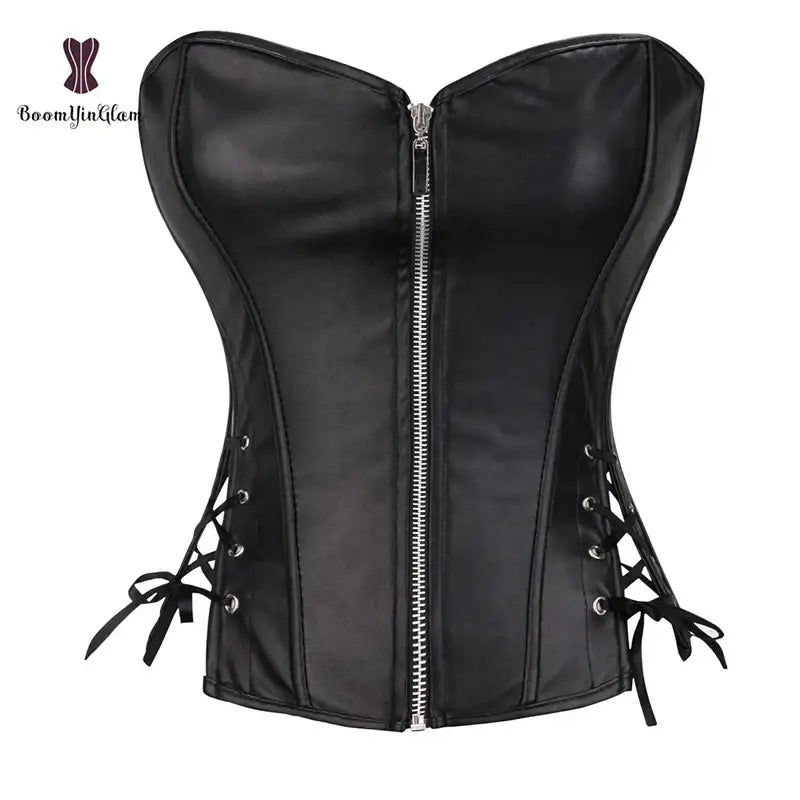Plus Size Faux Leather Corset Dress – Gothic Punk Style with Zipper and Skirt