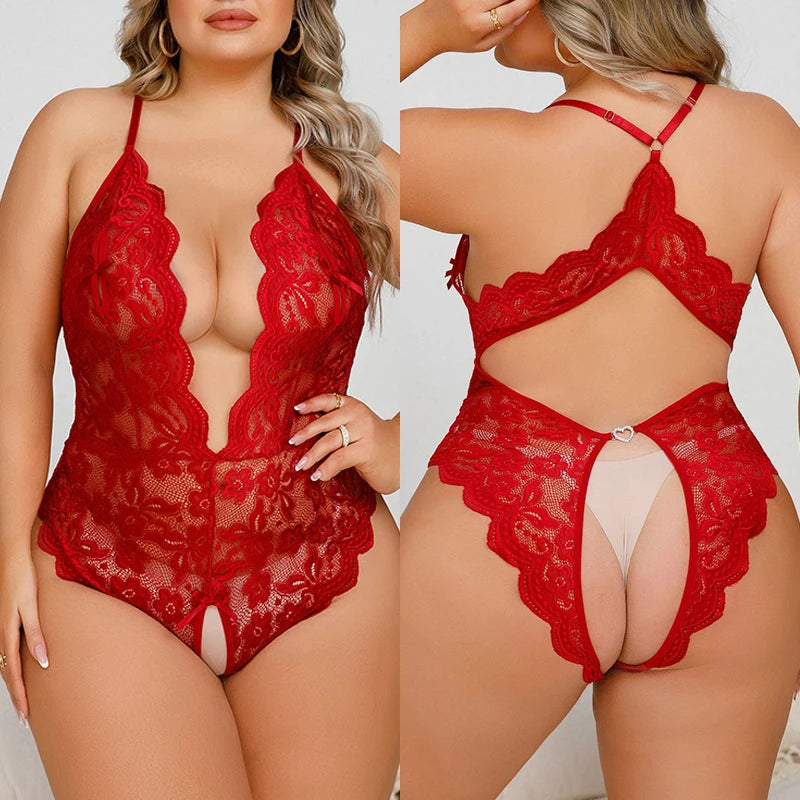 Plus Size Lace Hollow Bodysuit – Deep V Crotchless Lingerie