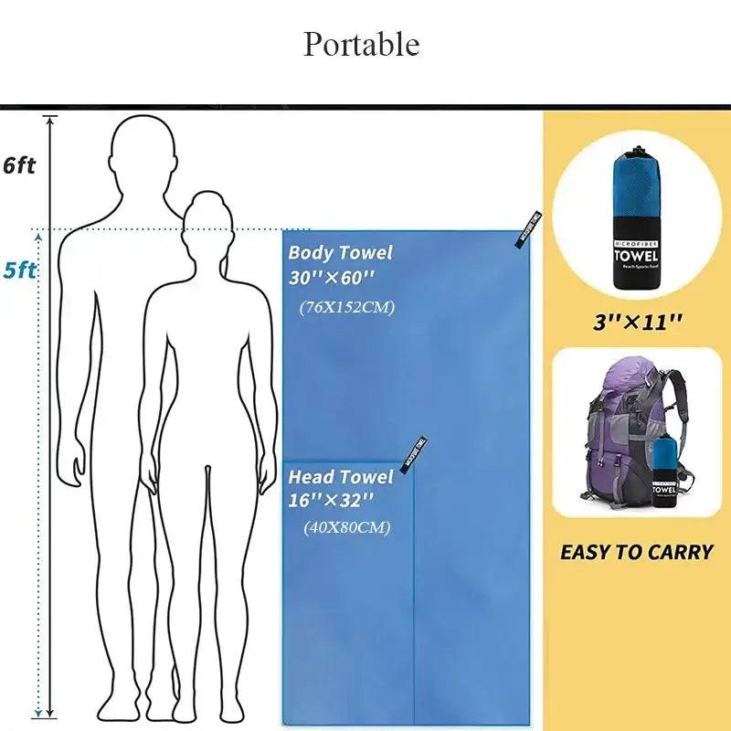 Quick-Drying Portable Beach Sports Towel 40x80/76x152CM - Swimming, Beach, Fitness, Camping