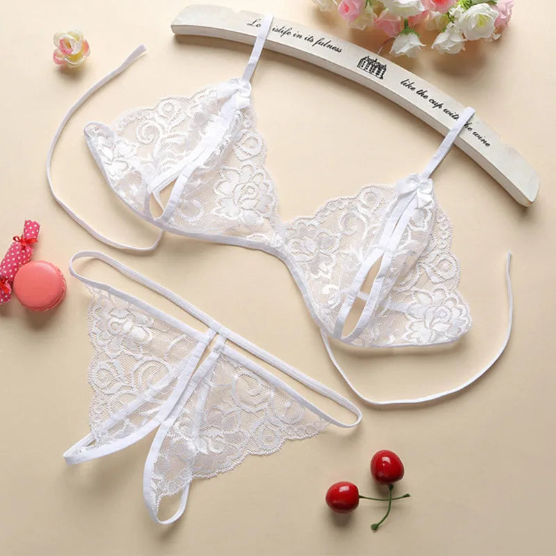 Sexy Lace-Up Open-Crotch Transparent Lingerie Set