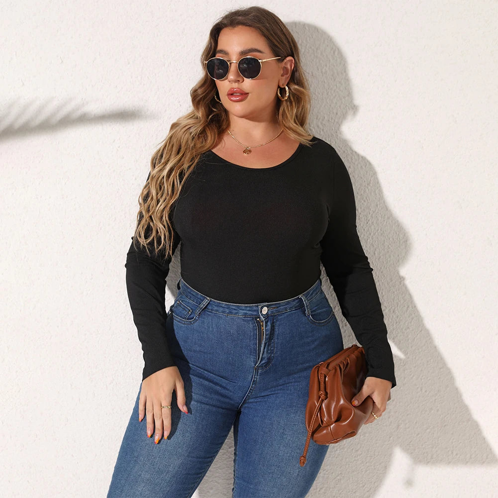 Female Bodysuit Plus Size Women's Casual Long Sleeve Bodycon Bodysuit with O Neckline in Black Rib Knit Fabric