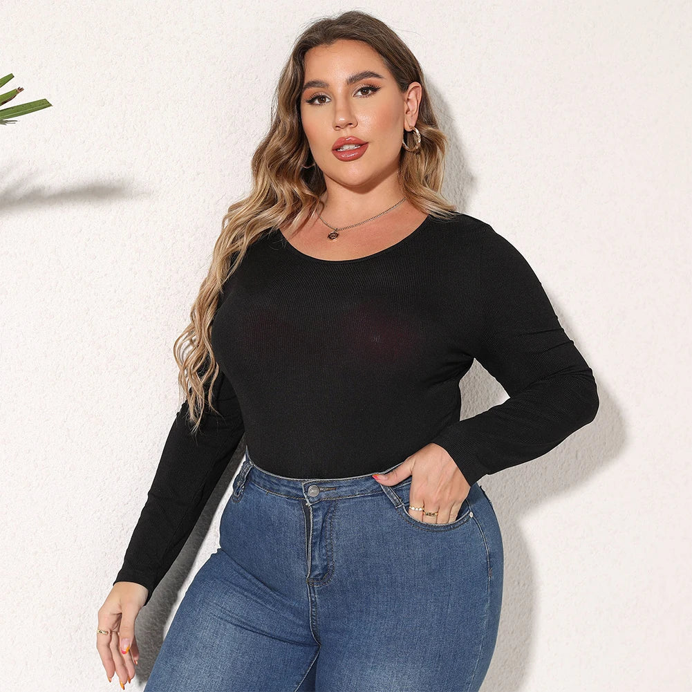 Female Bodysuit Plus Size Women's Casual Long Sleeve Bodycon Bodysuit with O Neckline in Black Rib Knit Fabric