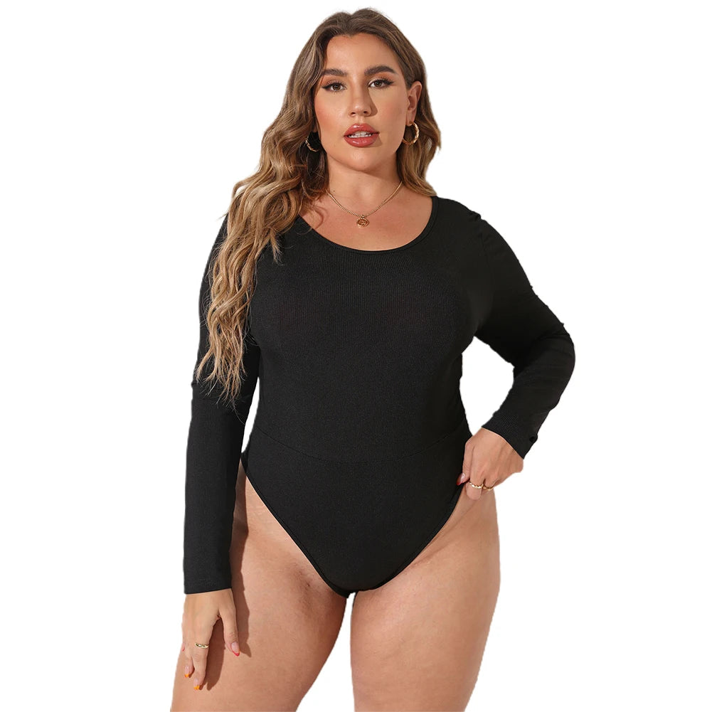 Female Bodysuit Plus Size Women's Casual Long Sleeve Bodycon Bodysuit with O Neckline in Black Rib Knit Fabric