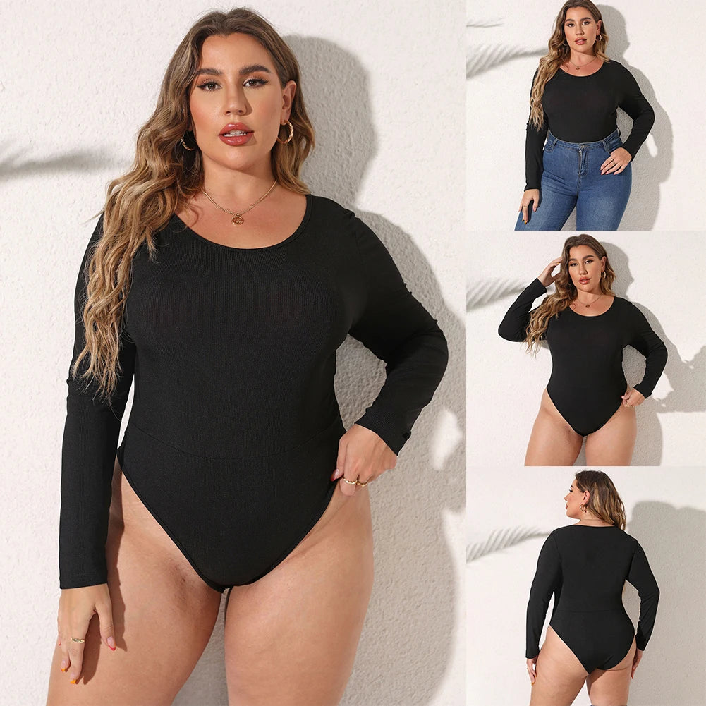 Female Bodysuit Plus Size Women's Casual Long Sleeve Bodycon Bodysuit with O Neckline in Black Rib Knit Fabric