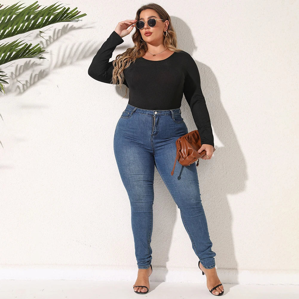 Female Bodysuit Plus Size Women's Casual Long Sleeve Bodycon Bodysuit with O Neckline in Black Rib Knit Fabric