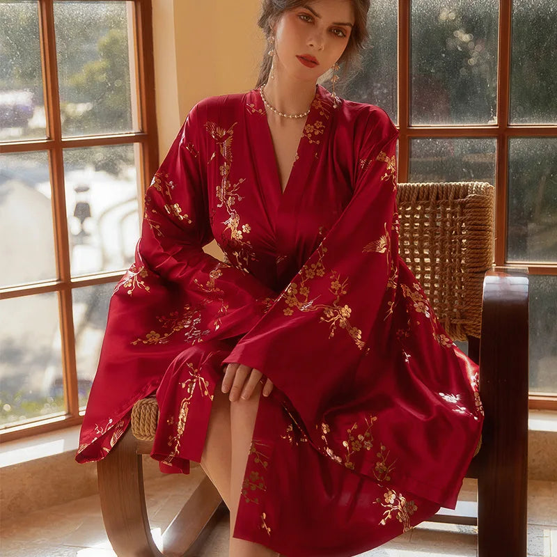 Luxury Burgundy Kimono Robe – Elegant Bridal Bathrobe with Bronzing Flower Design