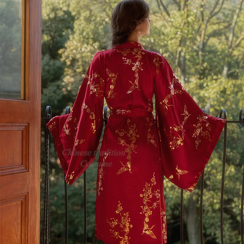 Luxury Burgundy Kimono Robe – Elegant Bridal Bathrobe with Bronzing Flower Design