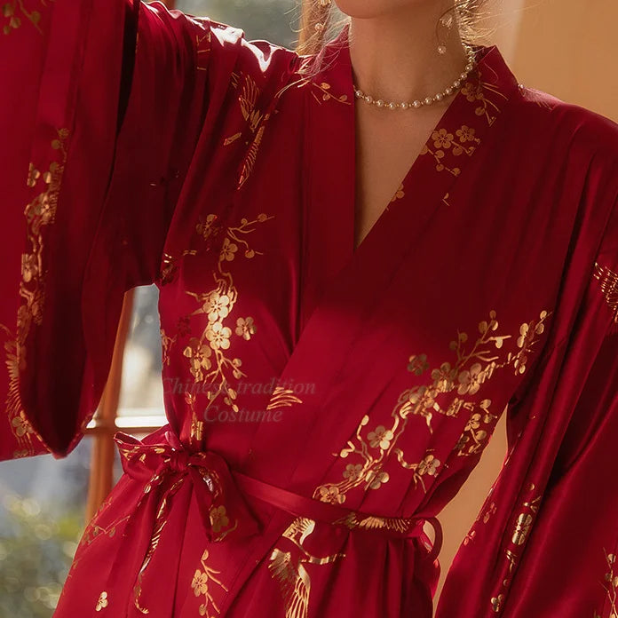 Luxury Burgundy Kimono Robe – Elegant Bridal Bathrobe with Bronzing Flower Design