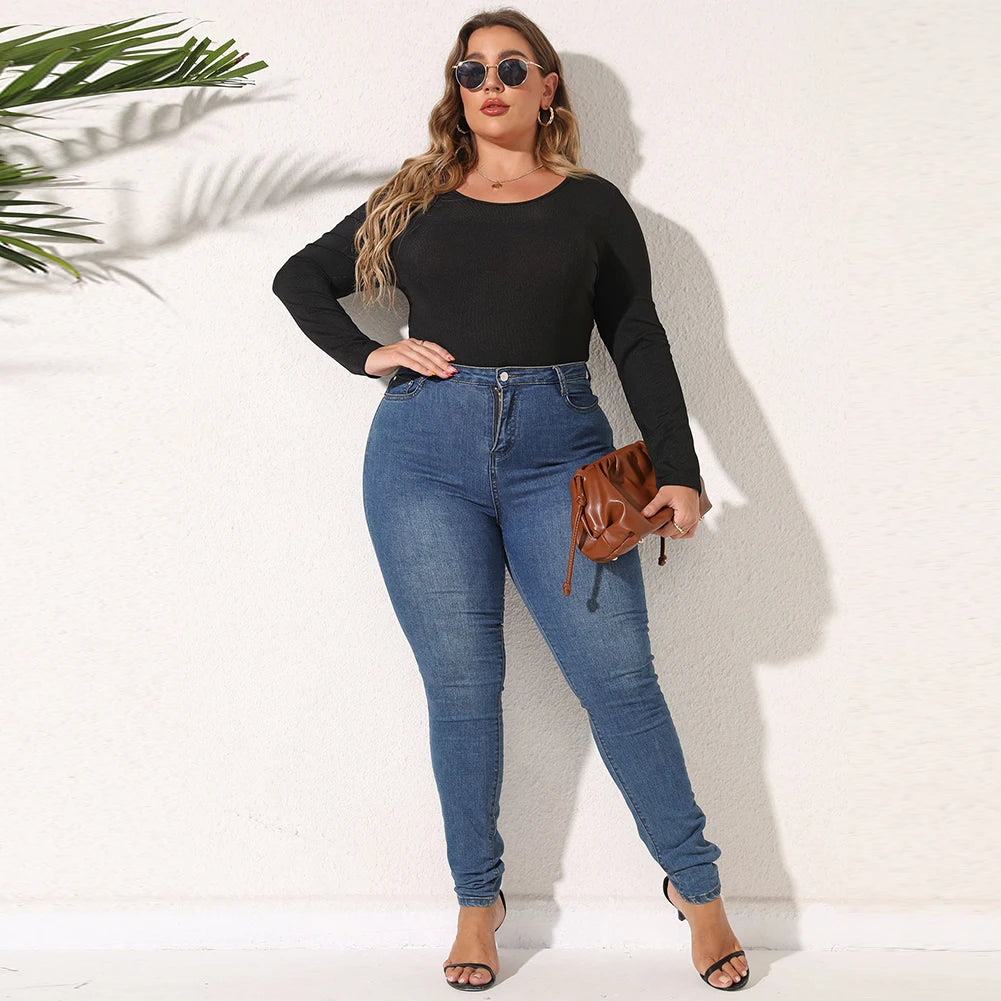 Female Bodysuit Plus Size Women's Casual Long Sleeve Bodycon Bodysuit with O Neckline in Black Rib Knit Fabric