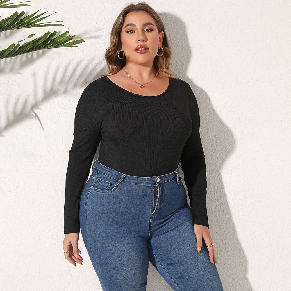 Female Bodysuit Plus Size Women's Casual Long Sleeve Bodycon Bodysuit with O Neckline in Black Rib Knit Fabric