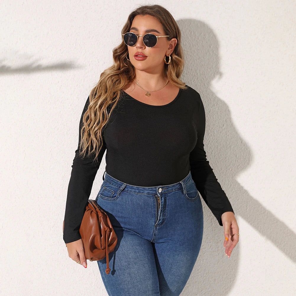 Female Bodysuit Plus Size Women's Casual Long Sleeve Bodycon Bodysuit with O Neckline in Black Rib Knit Fabric