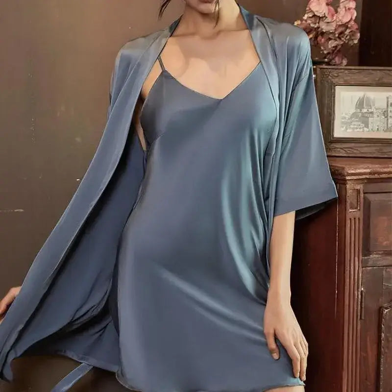 Satin Robe Set Sexy Women Sleepwear Casual Intimate Lingerie Faux Silk Nightdress Kimono Bathrobe Gown V-Neck Nightwear