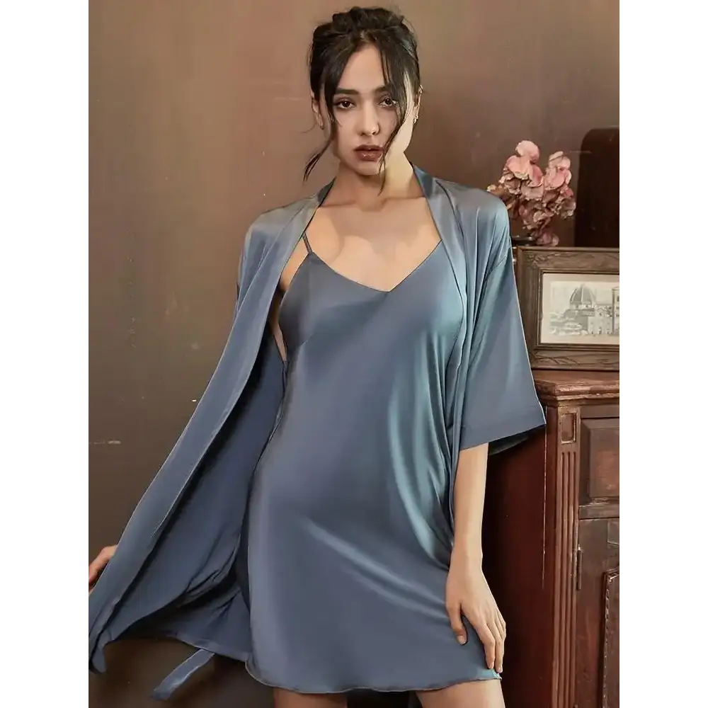 Satin Robe Set Sexy Women Sleepwear Casual Intimate Lingerie Faux Silk Nightdress Kimono Bathrobe Gown V-Neck Nightwear