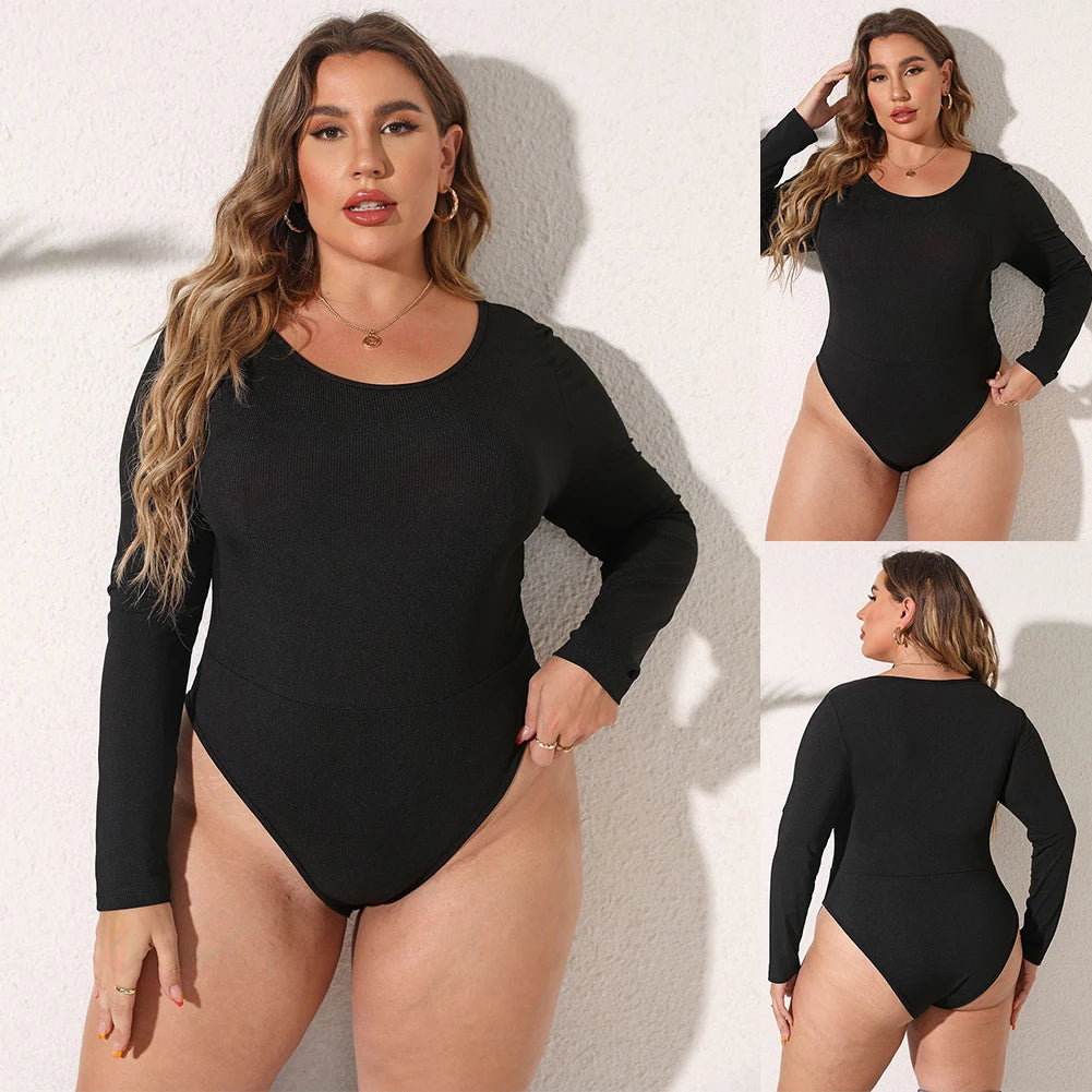 Female Bodysuit Plus Size Women's Casual Long Sleeve Bodycon Bodysuit with O Neckline in Black Rib Knit Fabric