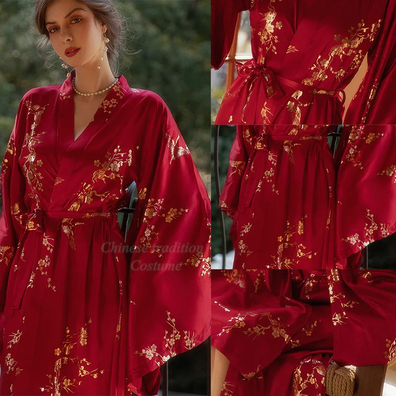 Luxury Burgundy Kimono Robe – Elegant Bridal Bathrobe with Bronzing Flower Design