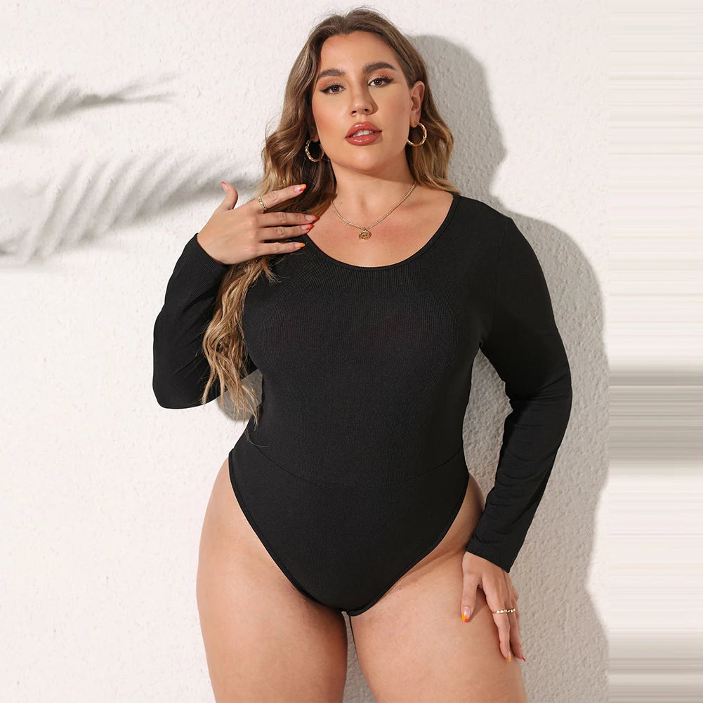 Female Bodysuit Plus Size Women's Casual Long Sleeve Bodycon Bodysuit with O Neckline in Black Rib Knit Fabric