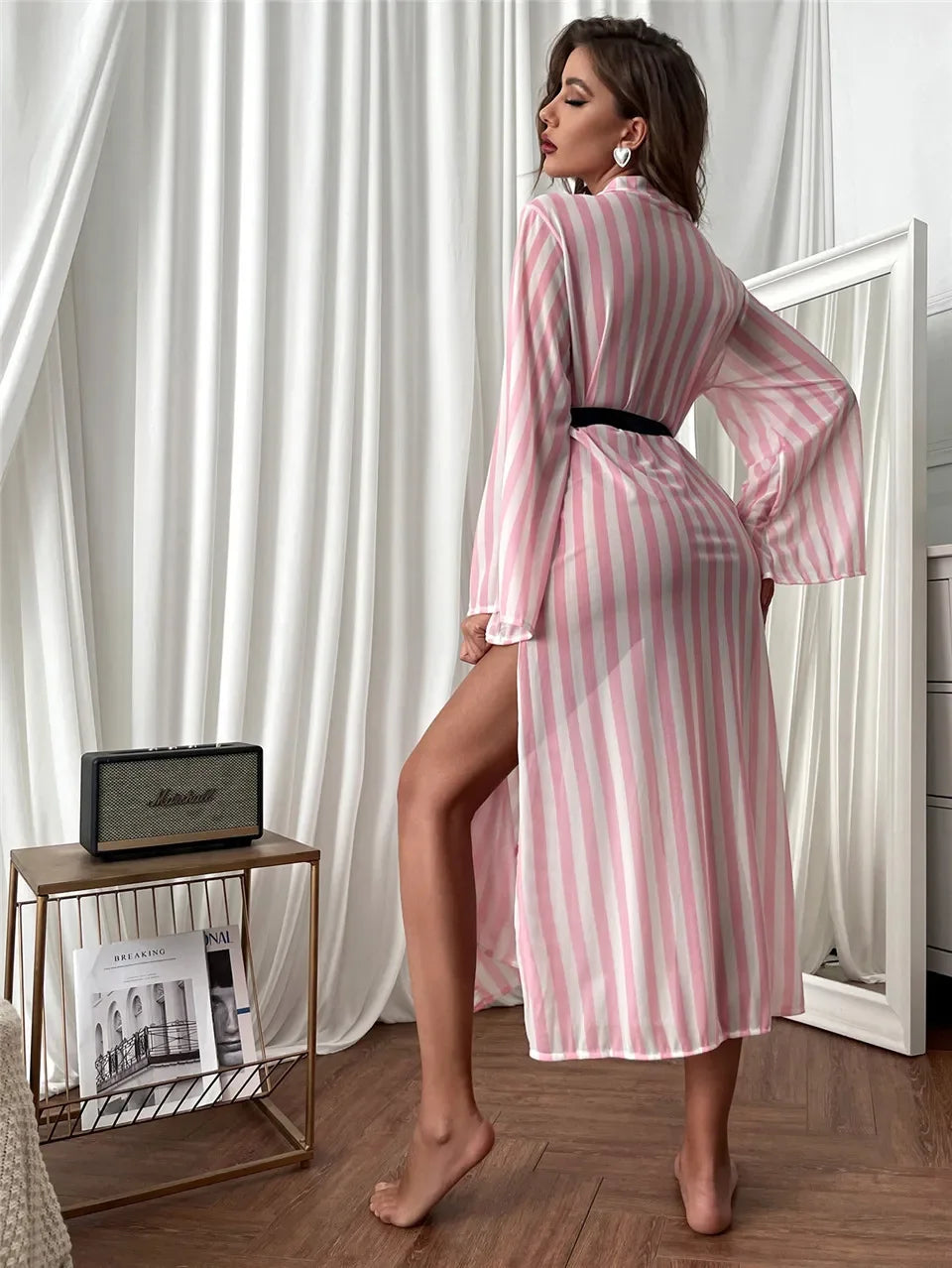 Women’s Striped Mesh Kimono Bathrobe – Vintage-Inspired Summer Beachwear