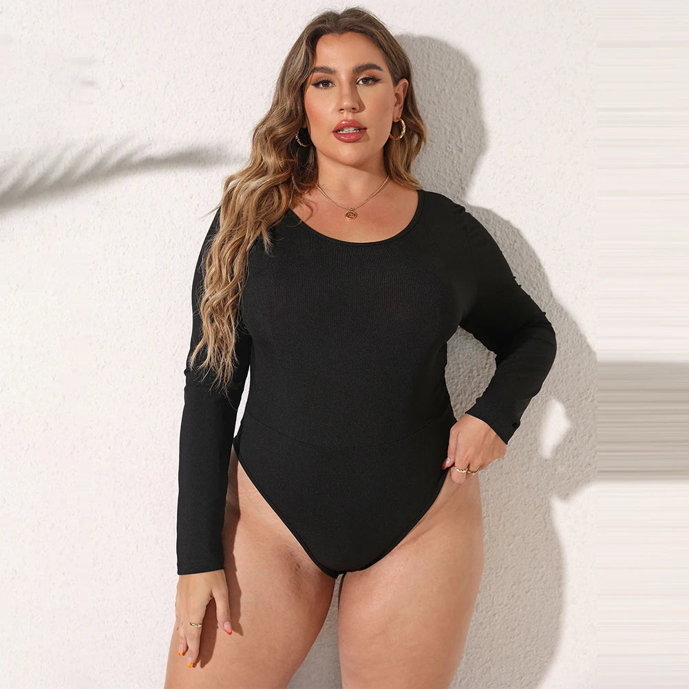 Female Bodysuit Plus Size Women's Casual Long Sleeve Bodycon Bodysuit with O Neckline in Black Rib Knit Fabric
