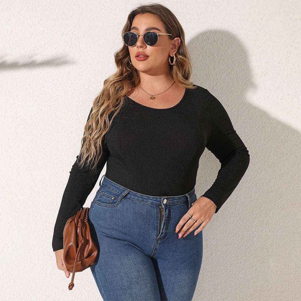 Female Bodysuit Plus Size Women's Casual Long Sleeve Bodycon Bodysuit with O Neckline in Black Rib Knit Fabric