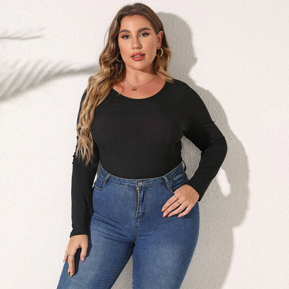 Female Bodysuit Plus Size Women's Casual Long Sleeve Bodycon Bodysuit with O Neckline in Black Rib Knit Fabric