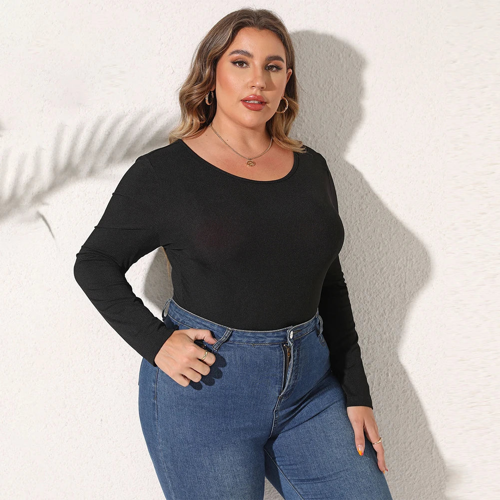 Female Bodysuit Plus Size Women's Casual Long Sleeve Bodycon Bodysuit with O Neckline in Black Rib Knit Fabric