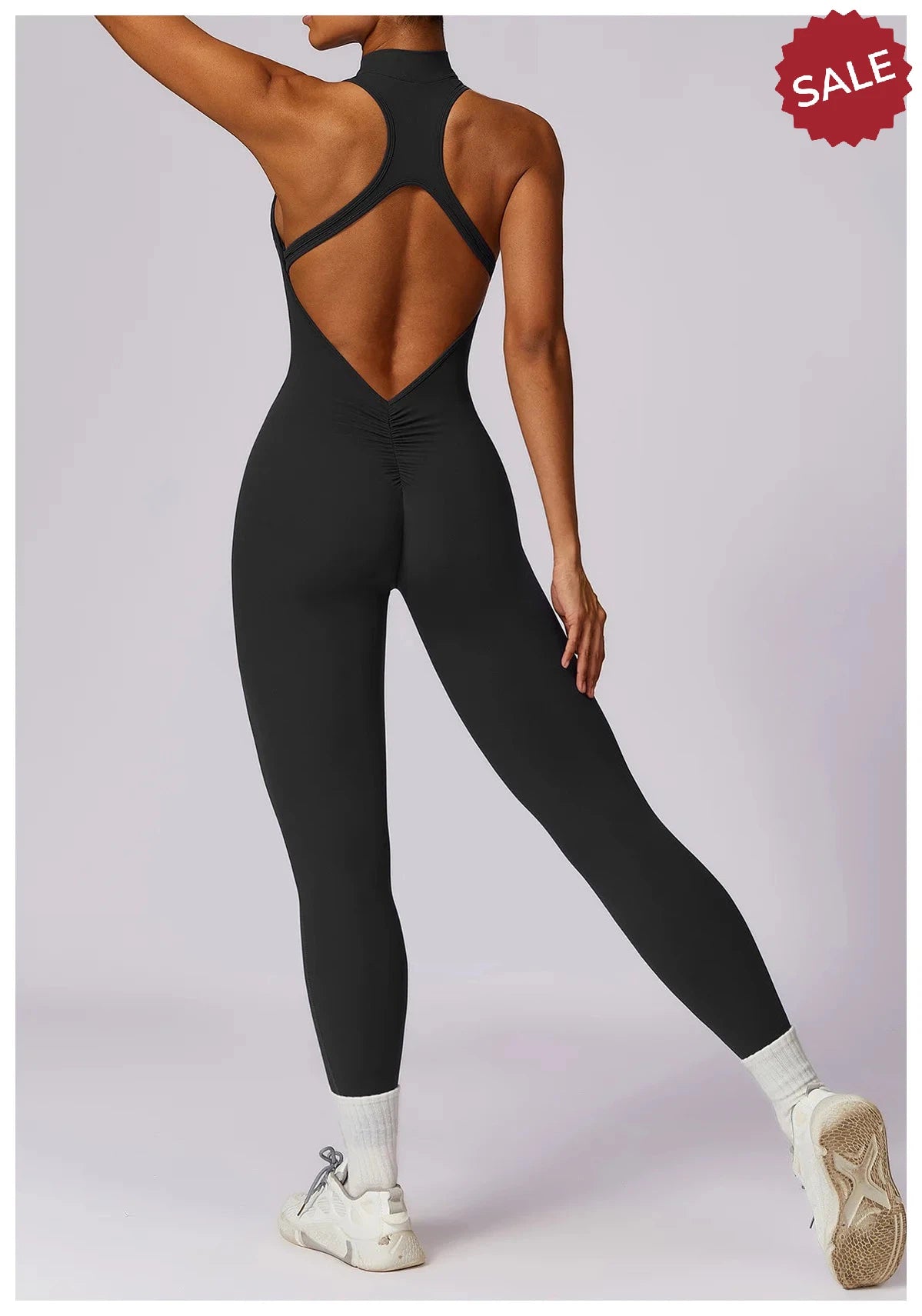 V-Back One-Piece Sports Jumpsuit - Women’s Backless Workout Bodysuit