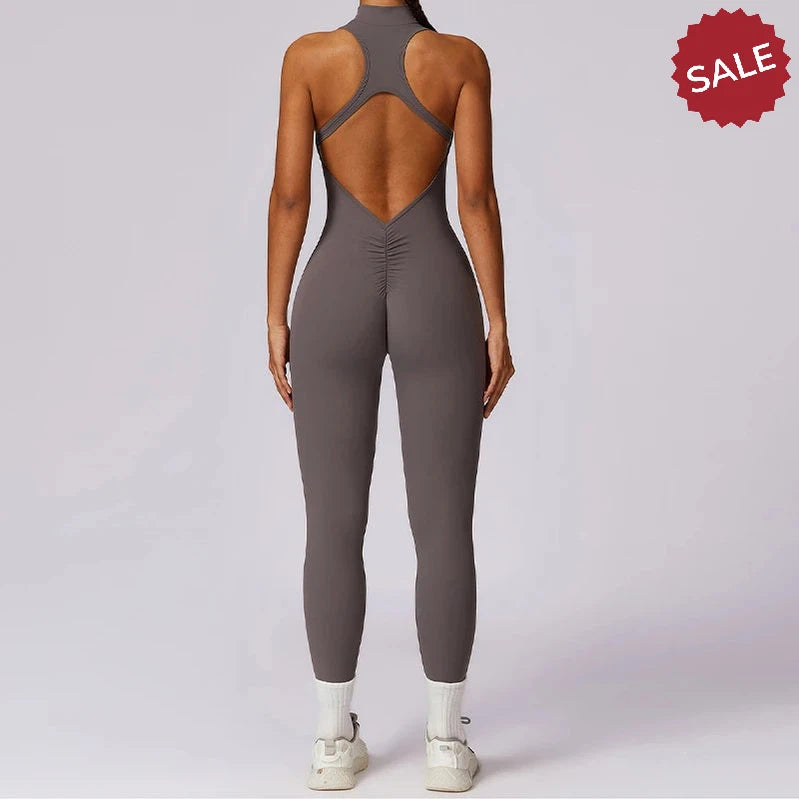 V-Back One-Piece Sports Jumpsuit - Women’s Backless Workout Bodysuit