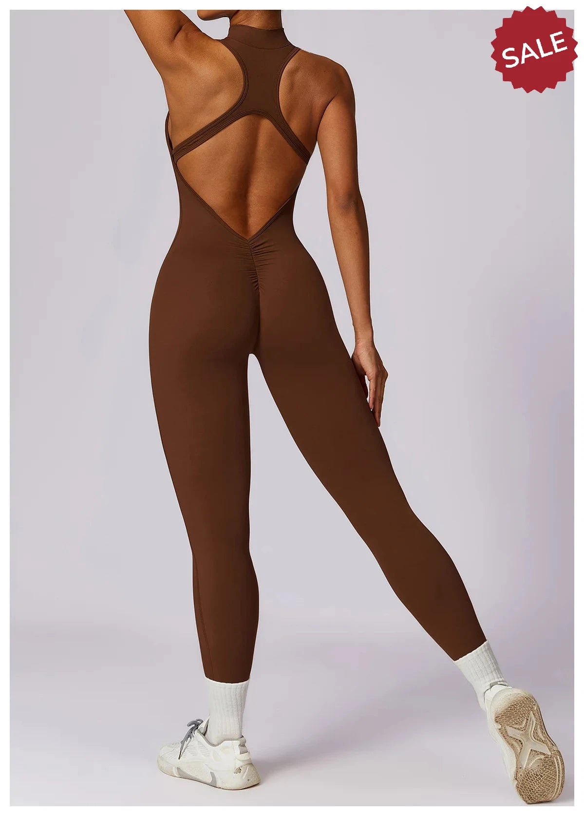 V-Back One-Piece Sports Jumpsuit - Women’s Backless Workout Bodysuit