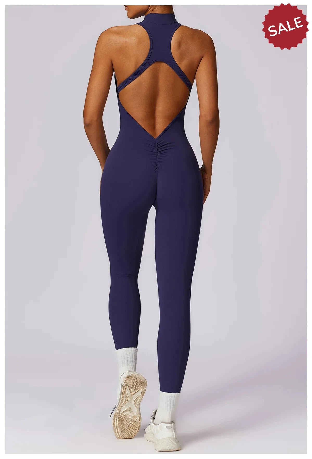 V-Back One-Piece Sports Jumpsuit - Women’s Backless Workout Bodysuit